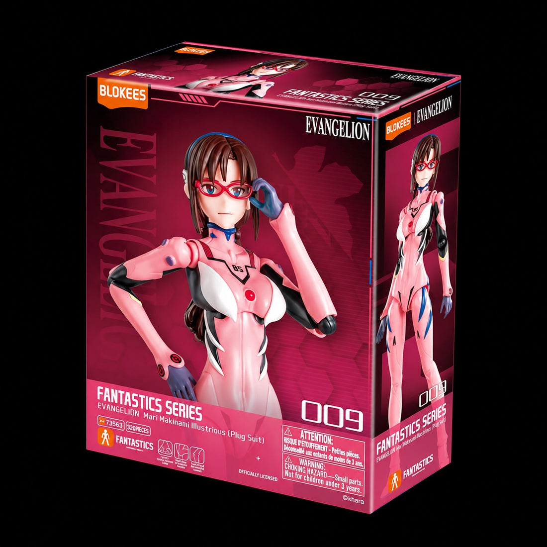 Caja de Mari Makinami Illustrious de Evangelion, Blokees Fantastics Series, vista frontal y lateral con ilustración del traje rosa sobre fondo negro.