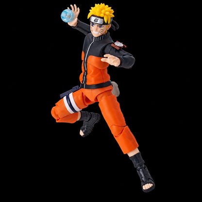 Figura de Naruto Uzumaki de Naruto Shippuden, Blokees Champion Class, con traje naranja y negro en pose de salto y accesorio azul en forma de esfera.