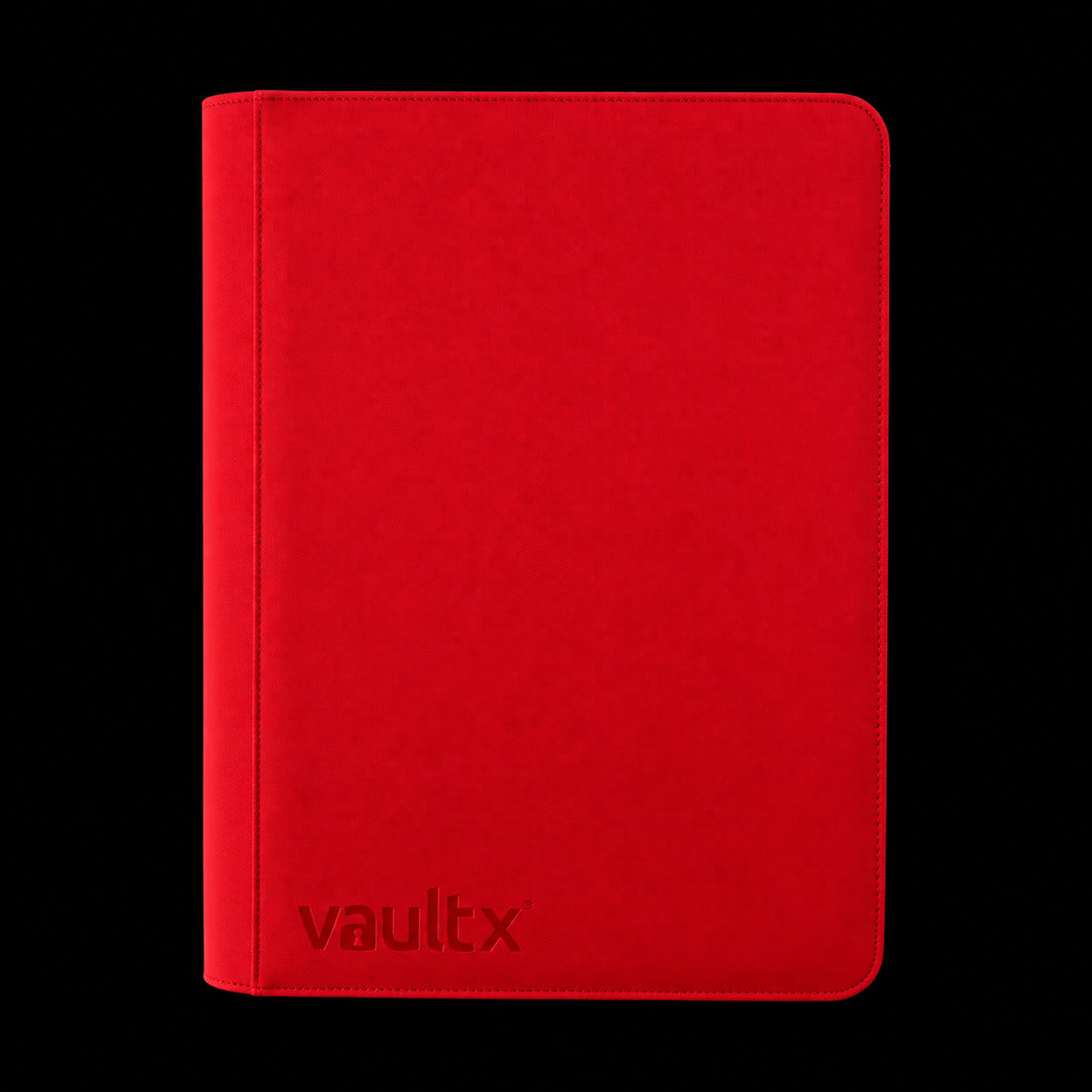 Álbum Vault X Exo-Tec Zip Binder XXL Fire Red de 16 bolsillos, cubierta roja cerrada en vista frontal.