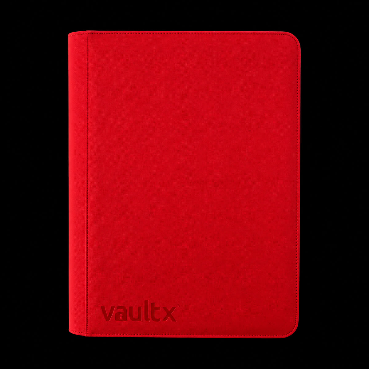 Álbum Vault X Exo-Tec Zip Binder XXL Fire Red de 16 bolsillos, cubierta roja cerrada en vista frontal.