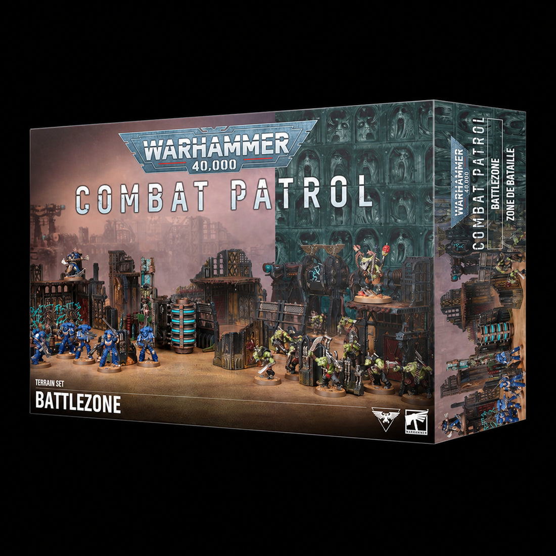 Caja Warhammer 40.000 Combat Patrol Battlezone de Games Workshop, vista frontal y lateral con ilustración de escenografía industrial.