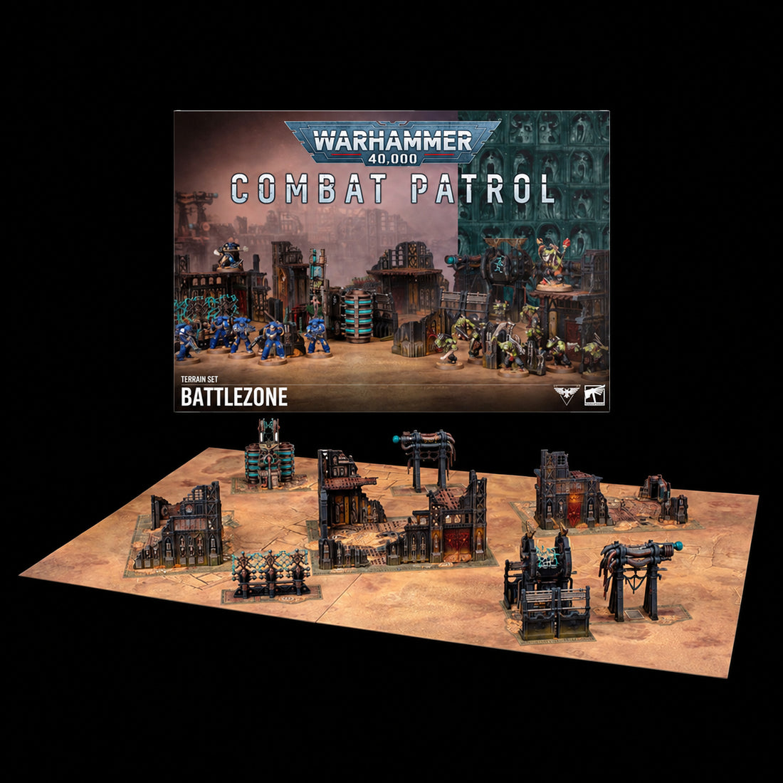 Contenido de Combat Patrol Battlezone de Games Workshop, con caja y conjunto de ruinas y estructuras industriales sobre tableros de juego.