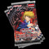 Tres sobres Yu-Gi-Oh! Beyond the Brave de Konami, edición en inglés, superpuestos con ilustración de un personaje rubio y un dragón sobre fondo negro.