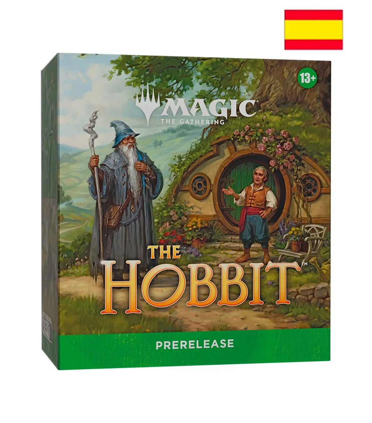 Pack de presentación Magic: The Gathering The Hobbit en español, con Gandalf y Bilbo ante una puerta verde, vista frontal y lateral.