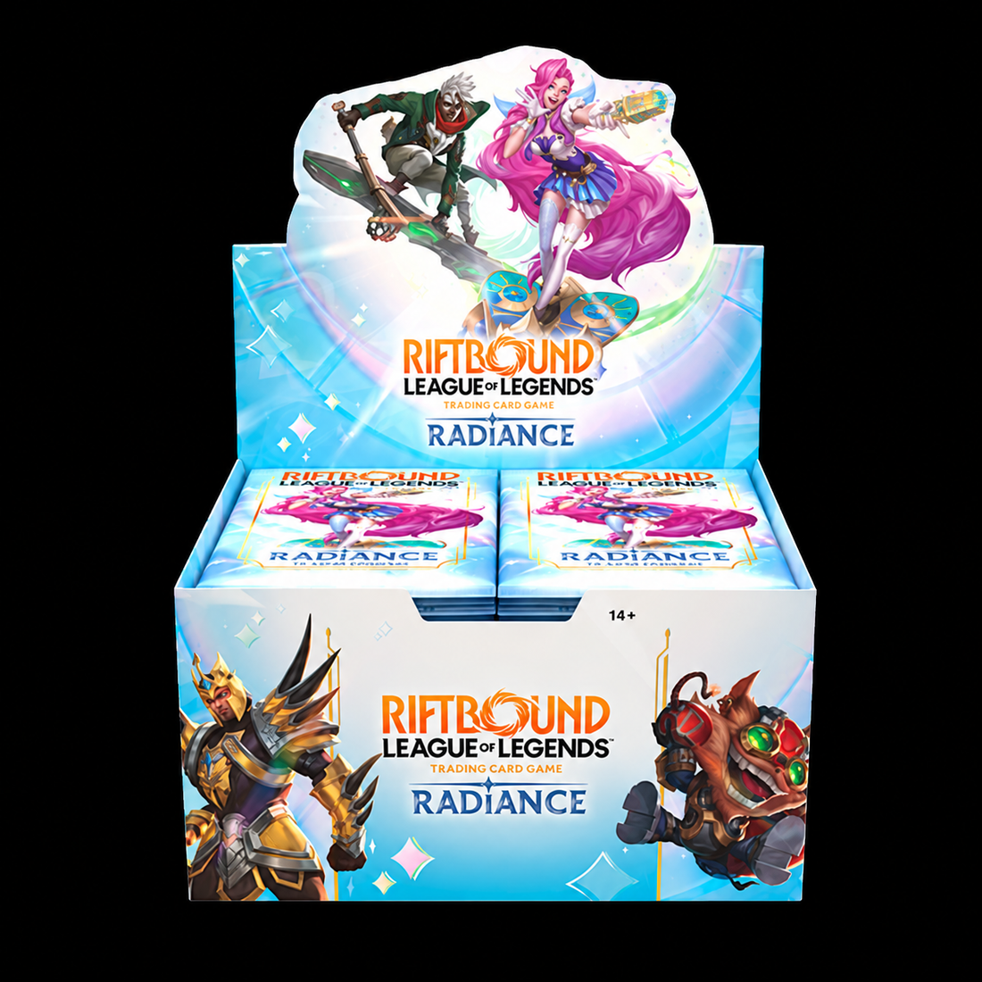 Caja expositora abierta de sobres Riftbound League of Legends Radiance, azul y blanca con ilustraciones de personajes y sobres visibles sobre fondo negro.