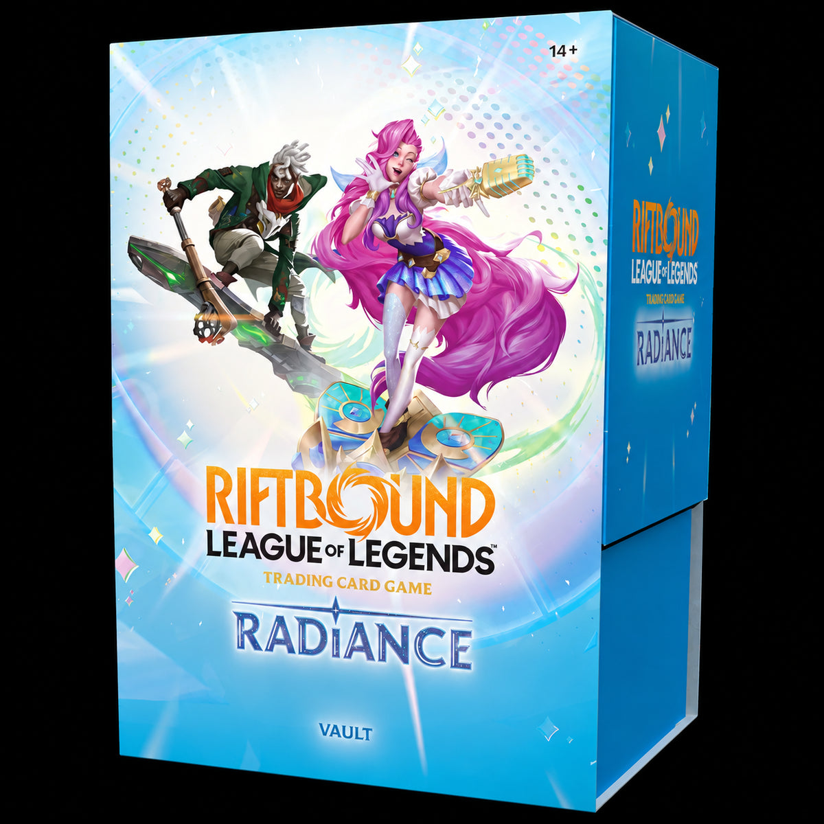 Caja Riftbound: League of Legends Radiance Vault, vista frontal y lateral azul con ilustraciones de personajes sobre fondo negro.