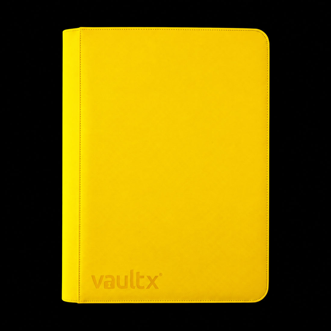 Álbum Vault X Exo-Tec Zip Binder XXL Sunrise Yellow de 16 bolsillos, cubierta amarilla cerrada en vista frontal.