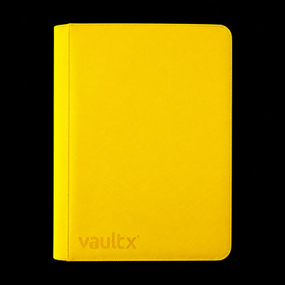 Álbum Vault X Exo-Tec Zip Binder XXL Sunrise Yellow de 16 bolsillos, cubierta amarilla cerrada en vista frontal.