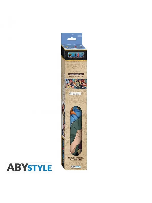 Caja alargada del tapete ABYstyle One Piece de la tripulación del Sombrero de Paja, con ventana que muestra el tapete enrollado.