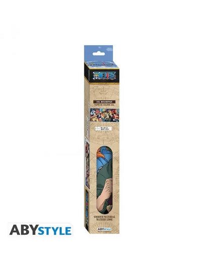 Caja alargada del tapete ABYstyle One Piece de la tripulación del Sombrero de Paja, con ventana que muestra el tapete enrollado.