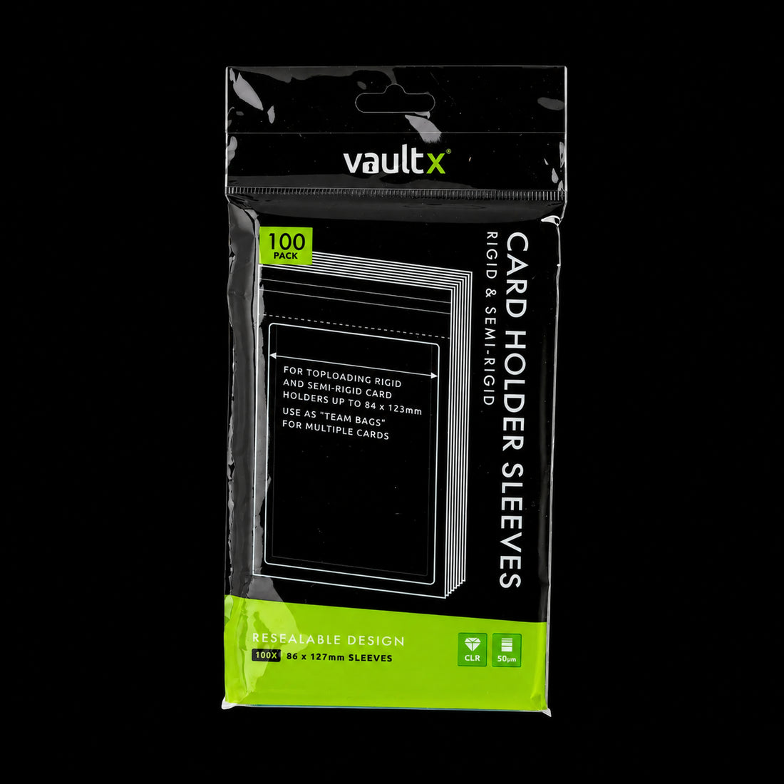 Envase negro y verde de 100 fundas Vault X Card Holder Sleeves, vista frontal sobre fondo negro.